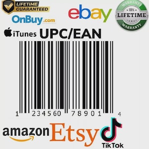 May include: A barcode with the numbers 1 234560 78901 4. The image includes the logos for eBay, Etsy, Amazon, TikTok, and OnBuy.com, along with the text "UPC/EAN" and "Lifetime Guaranteed" badges.