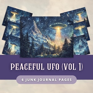UFO Peaceful Alien Digital Paper, Celestial Forest, Printable Junk Journal Extraterrestrial Spaceship Ephemera, Scrapbook Craft, 6 Sheets
