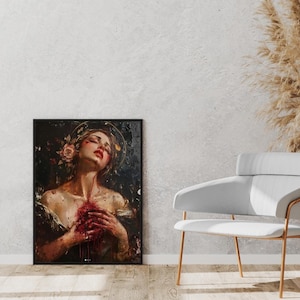 Dark Romantic Art Print, Bloody Heart Woman Wall Art, Gothic Digital Painting, Emotional Portrait, Dramatic Home Decor, Printable Poster