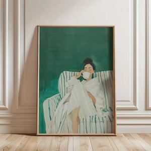 エメラルドグリーンの抽象的な人物の大きな壁アート、現代アート作品、ミニマリストプリント、リビングルームの壁アート、ストライプの女性プリント、デジタルダウンロード