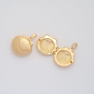 May include: Gold-colored seashell pendant, one closed and one open, revealing an interior design. The pendants have a textured, ridged surface, and a small loop for a chain. The open pendant is hinged.