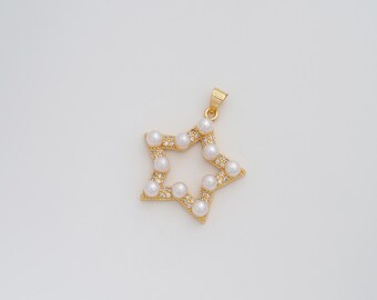 Può includere: Un ciondolo a forma di stella color oro con un anello per una catena. La stella è adornata con piccole perle bianche rotonde e cristalli trasparenti. Il ciondolo è posto su uno sfondo bianco.