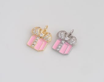 18K Gold Filled Enamel Gift Box Pendant Dainty CZ Gift Box Charms for DIY Jewelry Necklace Findings Making Supply