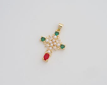 18K Gold Filled Pearl Cross Pendant Dainty CZ Christian Charms for DIY Jewelry Necklace Findings Making Supply