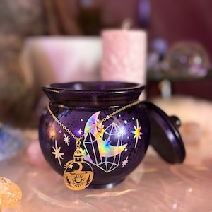 Celestial Resin Cauldron Jar With Lid, Witchy Trinket Box, Moon And Crystal Design, Apothecary Storage, Spiritual Altar Decor, Unique Gift