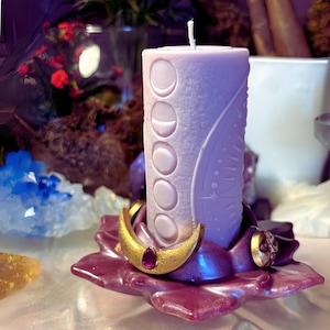 Celestial Lotus Candle Holder, Resin Altar Decor, Moon and Sun Ritual Holder, Mystic Wiccan Home Accent, Astrology Inspired Gift