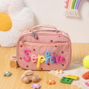 Sac à lunch personnalisé fait main avec nom - Sac à lunch personnalisé en velours côtelé avec nom de fil - Cadeau pour enfant - Cartable de rentrée - Sac fourre-tout pour enfant