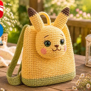 May include: A yellow crochet backpack featuring a character face with large green eyes, pink cheeks, and two tall yellow ears with brown tips. The bag has a light green base and matching green shoulder straps, crafted with a textured yarn stitch.