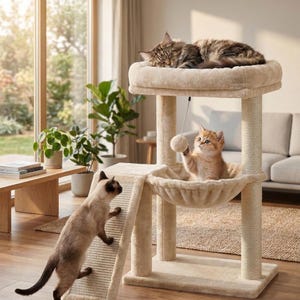 Cat Tree Tower with Scratching Post, Ramp, Hammock, Hanging Toy Ball