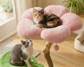 Modern Floral Cat Tree, Wooden Tower, Cherry Blossom Design, Large Furniture