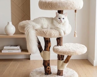Árbol rascador/torre grande de madera maciza de alta resistencia para gatos Maine Coon con perchas.