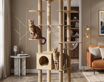 Árbol rascador de madera maciza para gatos / Torre alta de diseño para gatos con hamaca y casita.