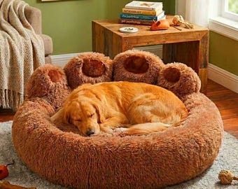 Cama de peluche con forma de pata de oso para perros: nido relajante de suave piel sintética para mascotas, cojín redondo para cachorros.