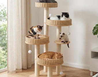 Modern Wood Cat Tree, Multi-Level Rattan Condo, Sisal Scratching Posts, Large Cats