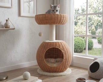 Drapak dla kota z plecionego rattanu, drapak z sizalu, koszyk na grzędę