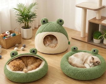 Cama para mascotas con forma de rana, cueva semicerrada de felpa para gatos, nido acogedor con capucha.