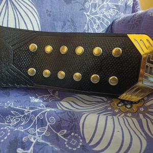 May include: A black leather belt with gold accents and silver studs. The belt has the word "UFC" in gold lettering on the side.