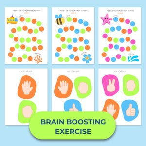 May include: A set of colorful hand-eye coordination activity sheets. Each sheet features a path of colored dots with a start and finish, and a cartoon image. The bottom of the image has the text "BRAIN BOOSTING EXERCISE".