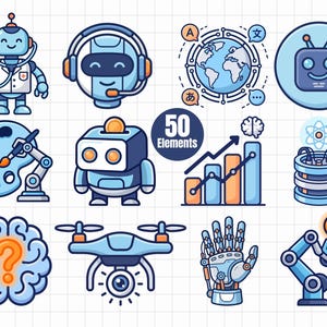 May include: A collection of 50 blue and orange vector icons featuring robots, a globe with language symbols, a brain with a question mark, a drone, a robotic hand, a bar chart with an upward arrow, a lightbulb, and a paint palette with a brush.
