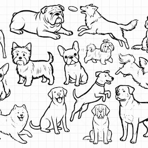 May include: A collection of black and white line art illustrations featuring various dog breeds in different poses, including sitting, standing, and jumping. The dogs are depicted with clean outlines on a white background with a faint grid pattern.