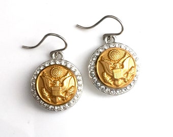 Pendientes de botón militar con diamantes de imitación (Ejército, Fuerza Aérea, Guardia Costera, Infantería de Marina, USMA)