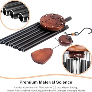 May include: Black wind chimes with a wooden top and accents. The chimes have multiple black tubes and a wooden wind catcher. The text "Premium Material Science" is visible.