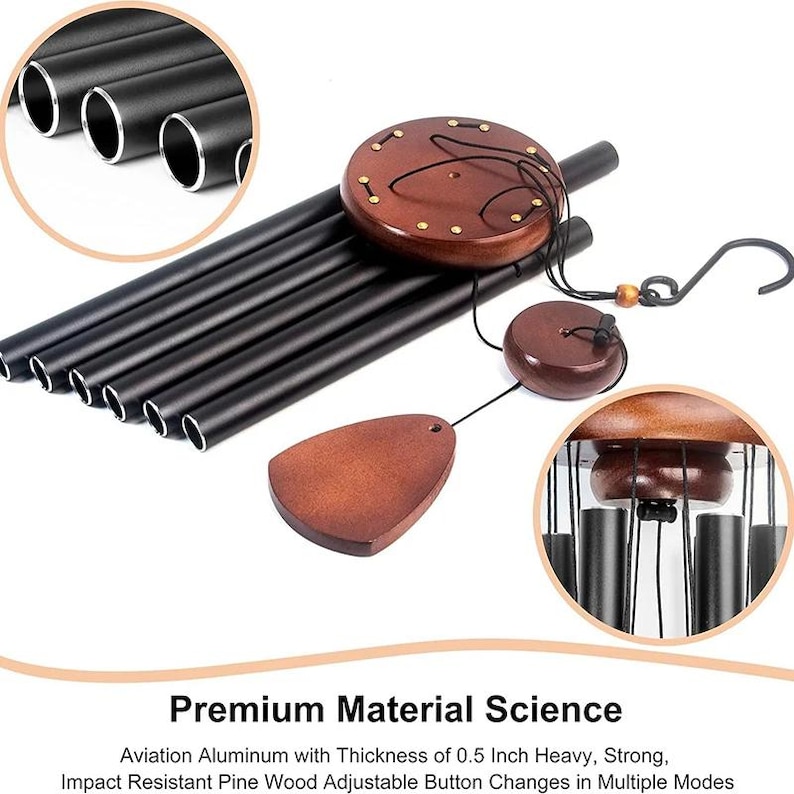 May include: Black wind chimes with a wooden top and accents. The chimes have multiple black tubes and a wooden wind catcher. The text "Premium Material Science" is visible.