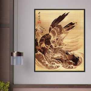 Aigle attaquant un poisson par Kawanabe Kyōsai - Impression d'art restaurée de l'époque Meiji de 1887