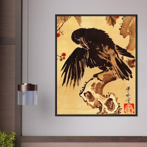 Restored Vintage Japanese Crow Print Edo Period Bird Painting Antique Style Asian Wall Decor Historic Bird Artwork Restored Woodblock Print