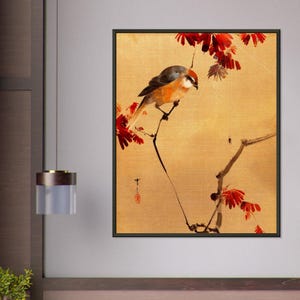 Japanese Bird Art Print - Meiji Period Vintage Nature Wall Art - Watanabe Seitei, Bird on Branch with Red Leaves - Japanese Vintage Bird Art