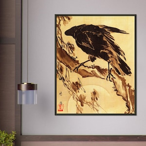 Historic Japanese Crow Branch Fine Art Woodblock Reproduction Edo Period Bird Print Restored Samurai Era Home Decor Bird Illustration Ukiyoe