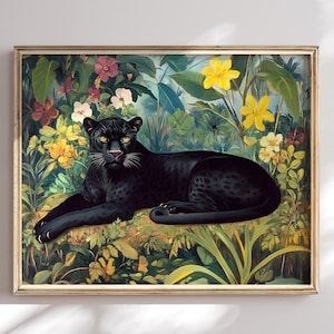 May include: A framed art print featuring a black panther resting in a lush, colorful environment. The panther, with yellow eyes, is the focal point, set against a backdrop of green foliage, yellow and pink flowers. The artwork has a vintage, botanical illustration style.