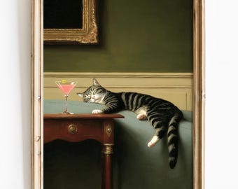 Tabby Cat Martini Art Print: Modern Renaissance Bar Cart Decor
