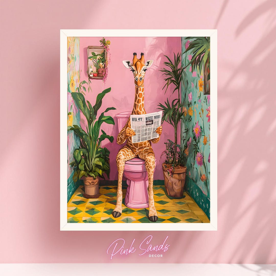 Giraffe Bathroom Art Print: Funny Pink Maximalist Animal Poster - Etsy