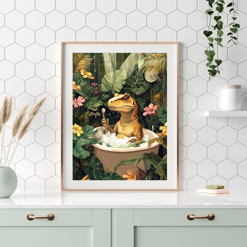 May include: A framed art print depicts a dinosaur relaxing in a bathtub filled with bubbles. The dinosaur is surrounded by lush green foliage and colorful flowers. The artwork has a whimsical and playful theme.