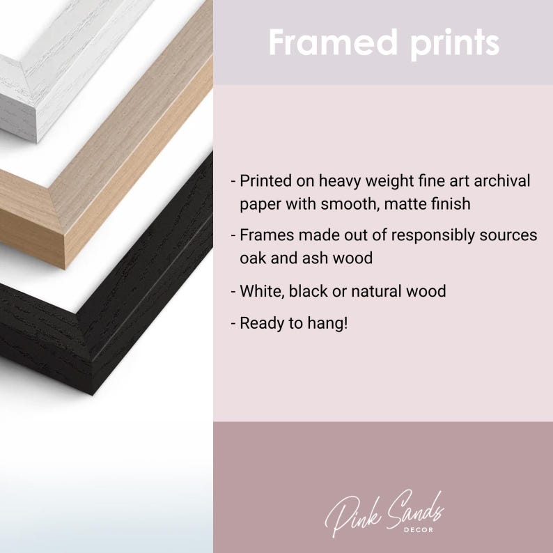 May include: Close-up of three framed prints with white, natural, and black wooden frames. The text "Framed prints" is at the top. The text below describes the paper and wood used, and that the prints are ready to hang.