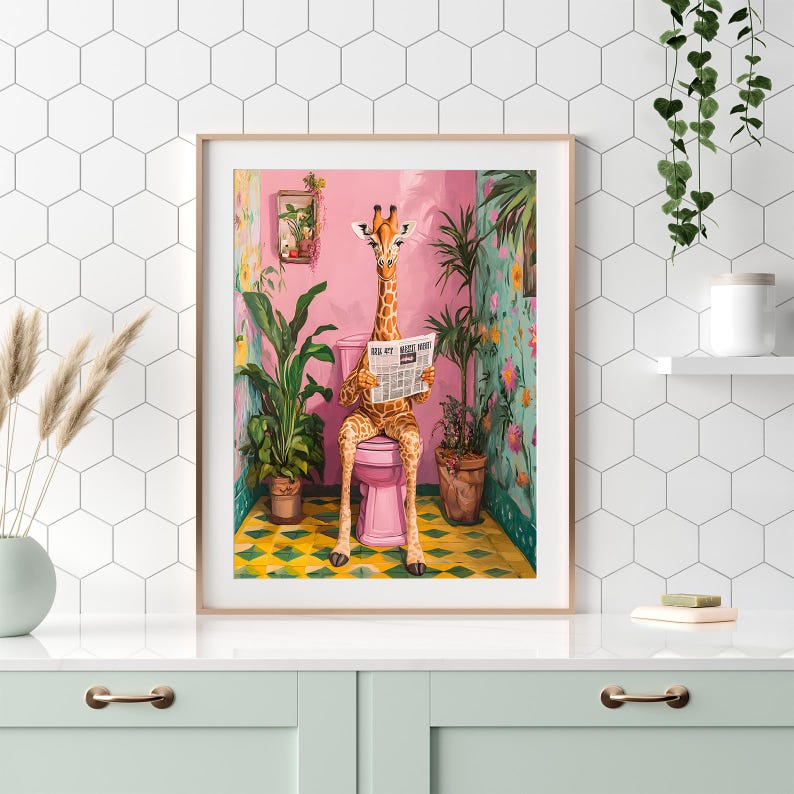 Giraffe Bathroom Art Print: Funny Pink Maximalist Animal Poster - Etsy