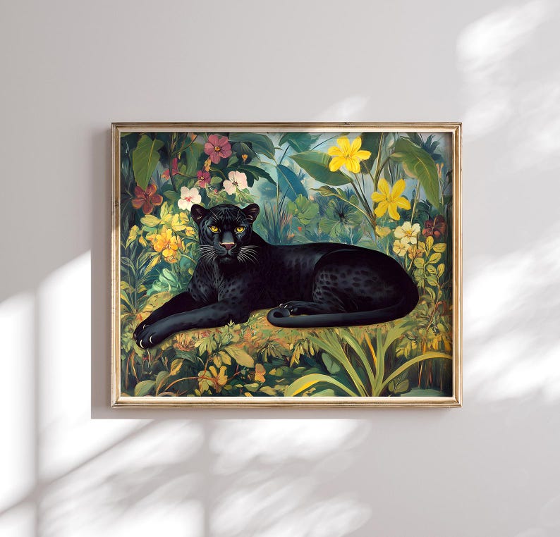 May include: A framed art print featuring a black panther resting in a lush, colorful environment. The panther, with yellow eyes, is the focal point, set against a backdrop of green foliage, yellow and pink flowers. The artwork has a vintage, botanical illustration style.