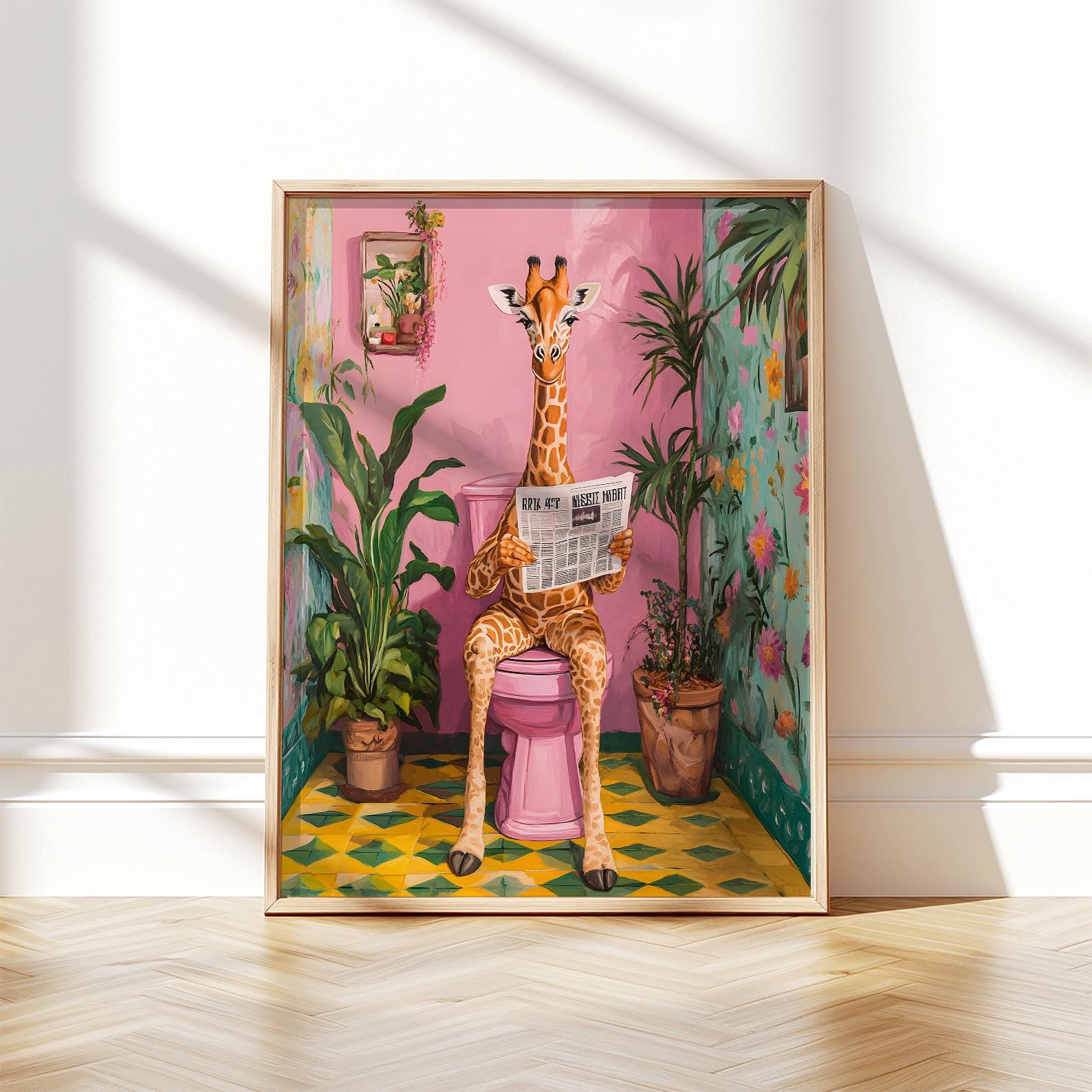 Giraffe Bathroom Art Print: Funny Pink Maximalist Animal Poster - Etsy