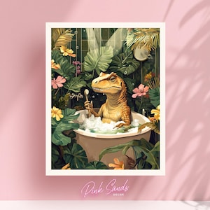 May include: A framed art print featuring a dinosaur in a bathtub, surrounded by lush green foliage and flowers. The dinosaur is holding a toothbrush, with bubbles and water visible. The artwork has a whimsical and colorful style.