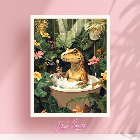 Tropical T-Rex Art Print – Junglecore Dinosaur Wall Decor, Funny Bathroom Print, Maximalist Dopamine Decor, Boho Bathroom Art, Bold Poster