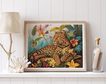 Leopard Jungle Art Print: Boho Tropical Animal Wall Decor