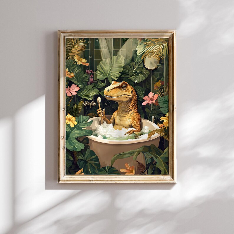 May include: A framed art print depicts a dinosaur relaxing in a bathtub filled with bubbles. The dinosaur, with yellow and brown scales, holds a spoon. Lush green foliage and pink and yellow flowers surround the tub, creating a tropical scene.