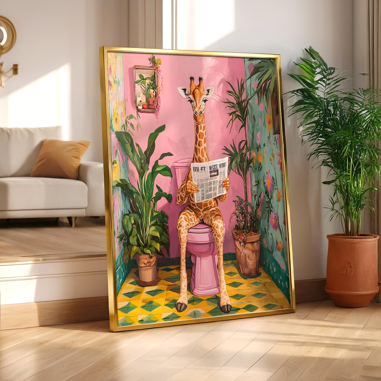 Giraffe Bathroom Art Print: Funny Pink Maximalist Animal Poster - Etsy