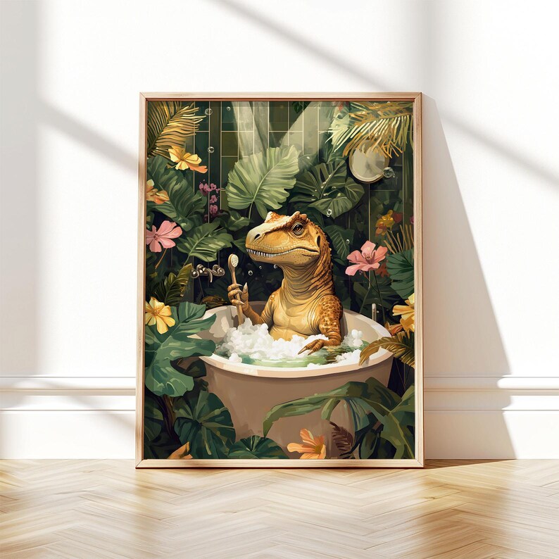 May include: A framed art print depicts a dinosaur relaxing in a bathtub filled with bubbles. The dinosaur is holding a washcloth, surrounded by lush green foliage and colorful flowers. The artwork has a whimsical and playful theme.