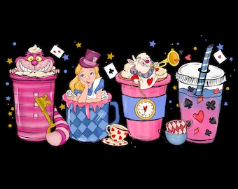 May include: Illustration of four beverage cups with characters from Alice in Wonderland. The cups are pink, blue, and purple, with images of the Cheshire Cat, Alice, the White Rabbit, and playing card symbols. A black background.