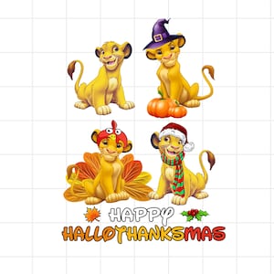 May include: A digital illustration featuring four yellow lion cubs in various seasonal outfits. One cub wears a witch hat, another a Santa hat and scarf, and a third a turkey-themed headpiece. The text "HAPPY HALLOTHANKSMAS" is at the bottom.