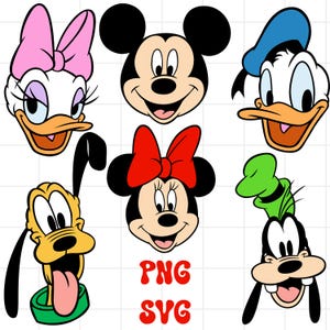 Puede incluir: Una colección de caras de personajes de dibujos animados, incluyendo Mickey Mouse, Minnie Mouse, Donald Duck, Daisy Duck, Pluto y Goofy. Cada personaje se representa con rasgos y colores distintivos, con el texto "PNG SVG" en rojo.