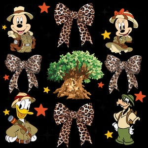 May include: A black background featuring cartoon characters Mickey Mouse, Minnie Mouse, Donald Duck, and Goofy in safari outfits. Leopard print bows and a tree graphic are also included, along with star accents.