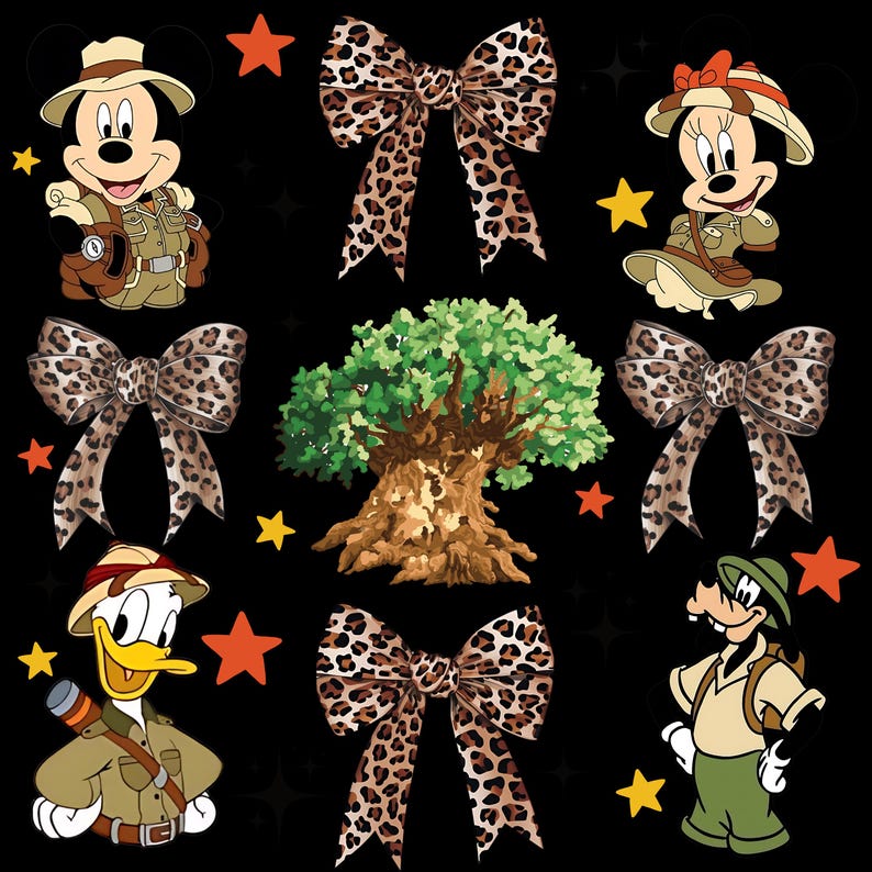 May include: A black background featuring cartoon characters Mickey Mouse, Minnie Mouse, Donald Duck, and Goofy in safari outfits. Leopard print bows and a tree graphic are also included, along with star accents.
